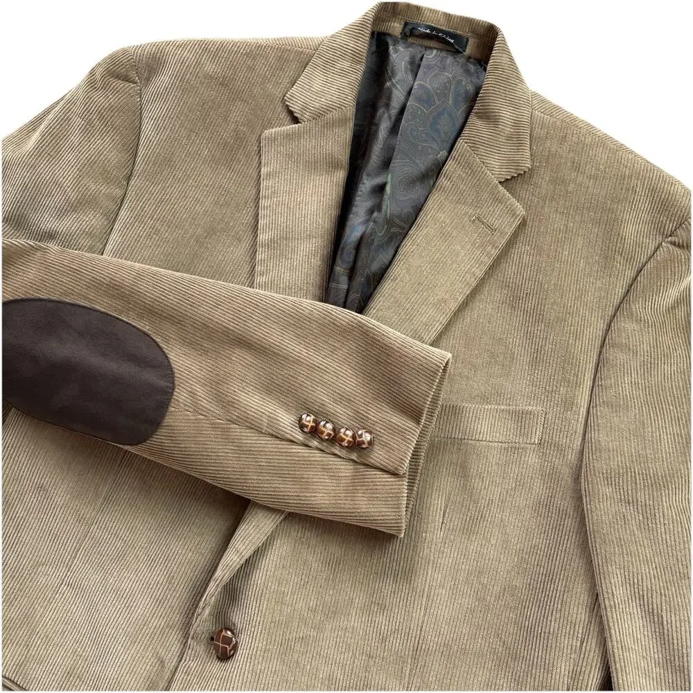 Lauren Ralph Lauren Men’s Tan Corduroy Blazer 46R Elbow Patches Paisley Lining - Picture 1 of 14